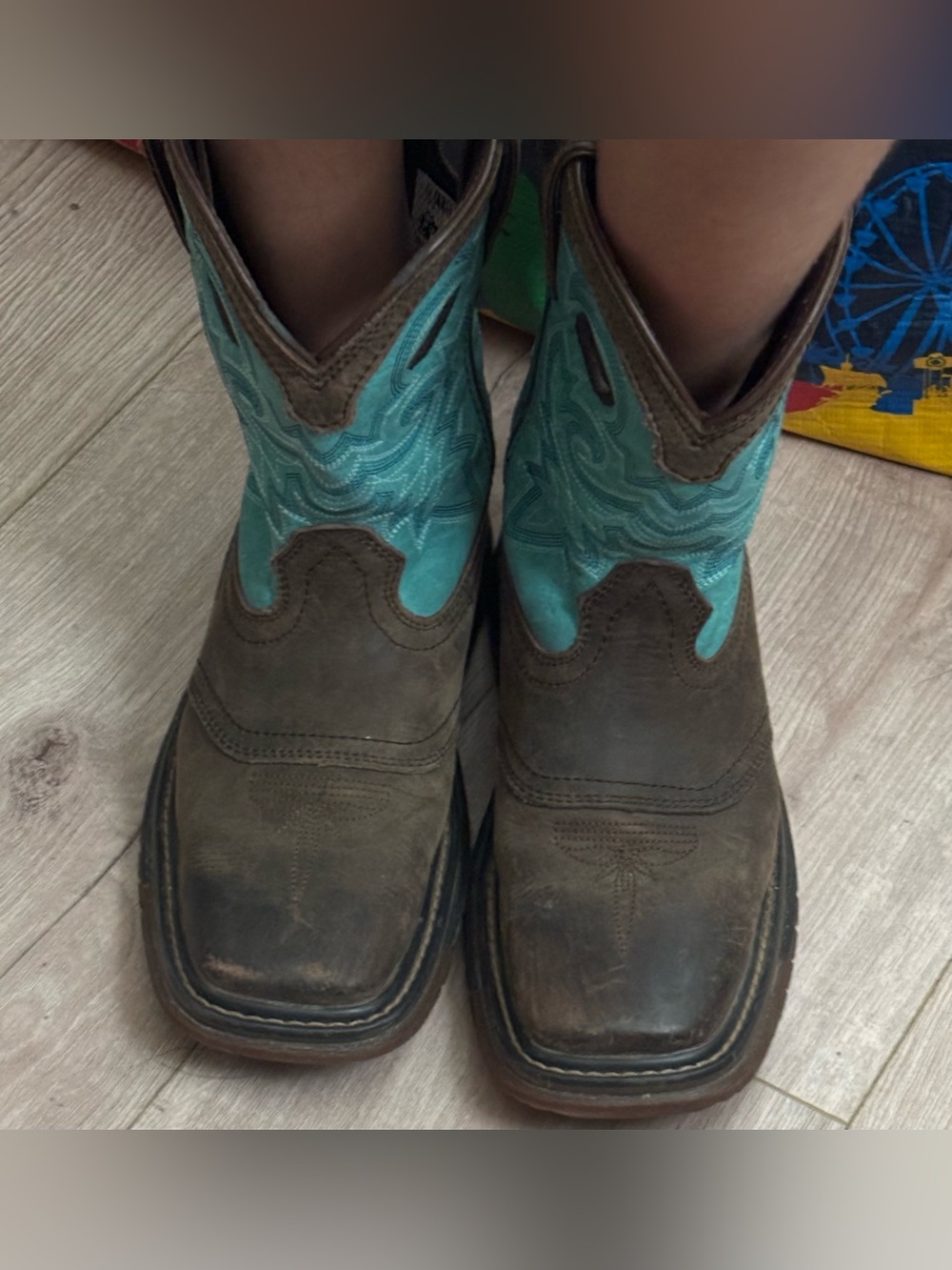 Rocky Brown and Turquoise Kids Pull-On Western Boots